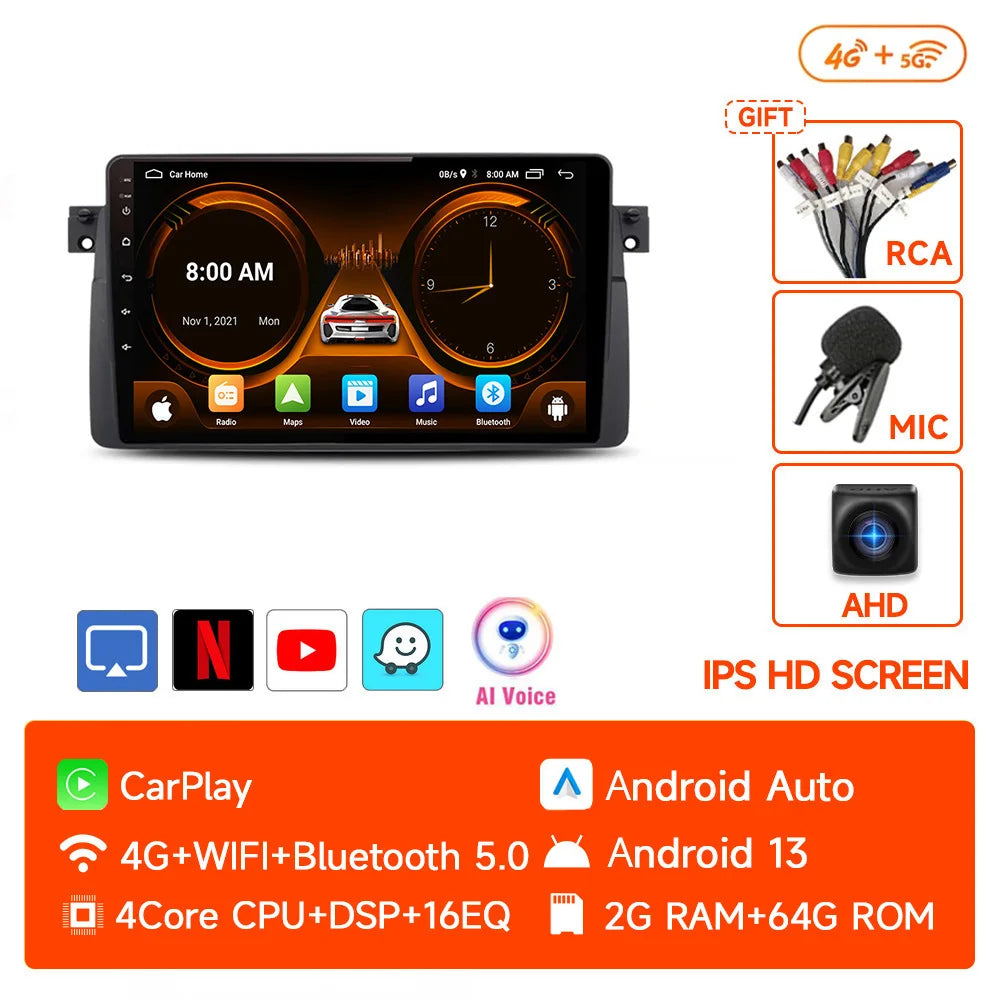 JIUYIN 9 inch Android Smart System For BMW E46 M3 318/320/325/330/335 Carplay Android Auto 2 Din autoradio HD Touch Screen