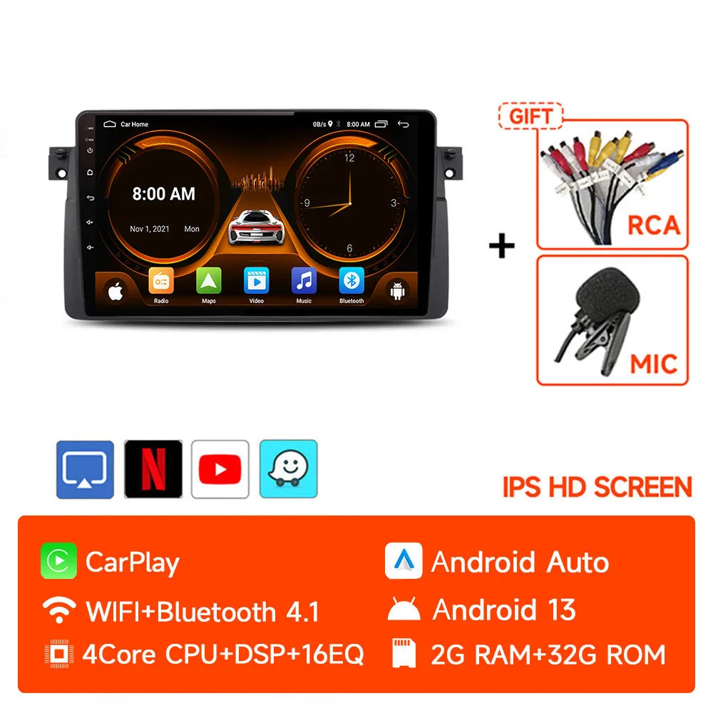 JIUYIN 9 inch Android Smart System For BMW E46 M3 318/320/325/330/335 Carplay Android Auto 2 Din autoradio HD Touch Screen