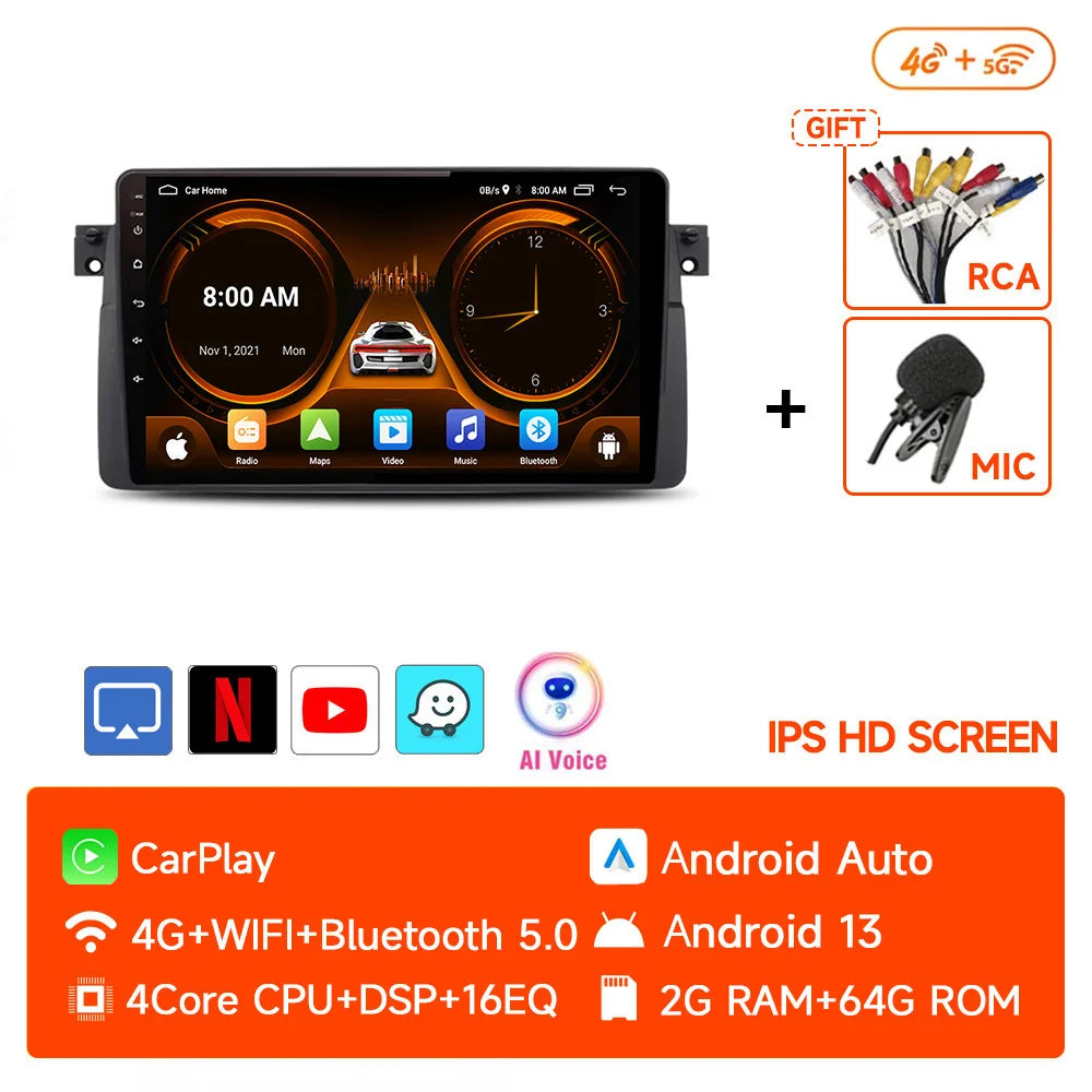 JIUYIN 9 inch Android Smart System For BMW E46 M3 318/320/325/330/335 Carplay Android Auto 2 Din autoradio HD Touch Screen