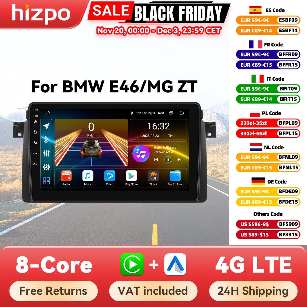 Hizpo Android Auto Car Multimedia Radio For BMW E46 M3 318/320/325/330/335 4G CarPlay GPS 2din Autoradio Navigation Wifi DSP RDS